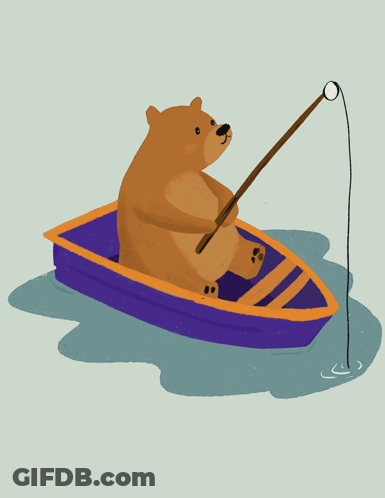 Brown Bear Fishing In A Boat With Fishing Rod GIF