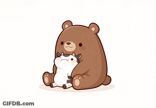 Brown Bear Holding Cow With Pink Hearts GIF