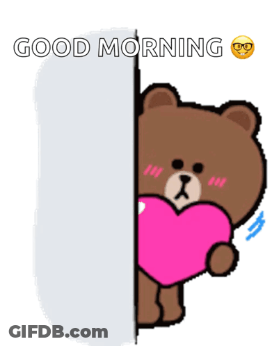 Brown Bear Holding Pink Heart Saying Good Morning GIF