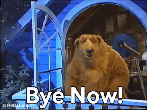 Brown Bear Saying Bye Now In Front Of Blue House GIF