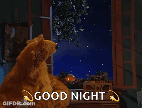 Brown Bear Sitting By Window With Smiling Moon Saying Good Night GIF
