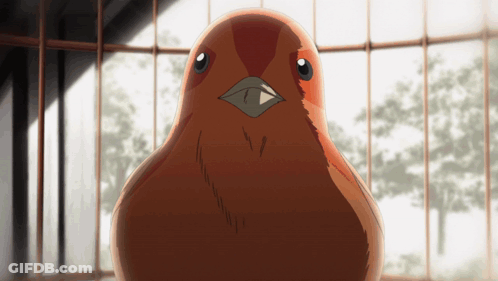 Brown Bird With Black Beak Sitting In Cage Looking At Camera GIF