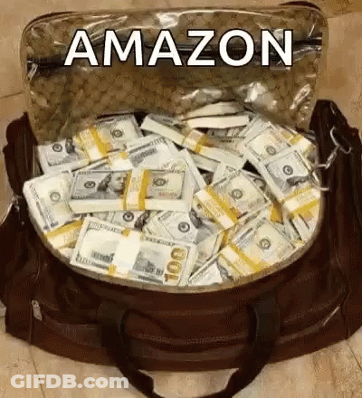Brown Duffel Bag Full Of Money With Amazon Logo GIF
