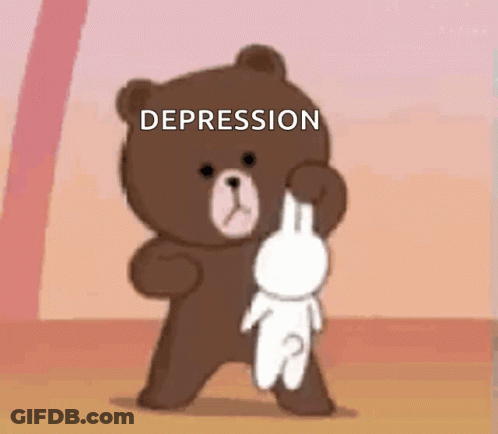 Brown Teddy Bear Holding White Rabbit Saying Depression GIF