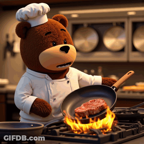 Brown Teddy Bear In Chef Hat Cooking Steak GIF