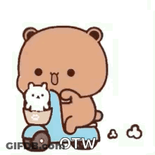 Brown Teddy Bear Riding Blue Scooter With White Rabbit GIF