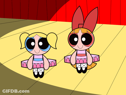 Bubbles And Blossom From The Powerpuff Girls Are On A Stage GIF
