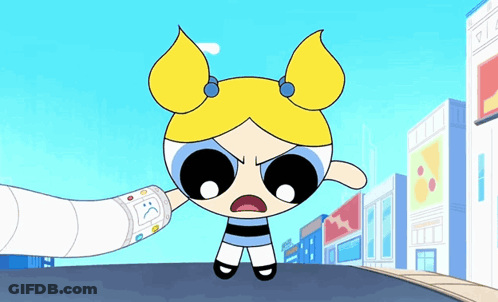 Bubbles From The Powerpuff Girls Is Being Held By Someone With A Sad Face On Their Arm GIF