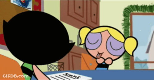 Bubbles From The Powerpuff Girls Is Sitting At A Table With Buttercup GIF