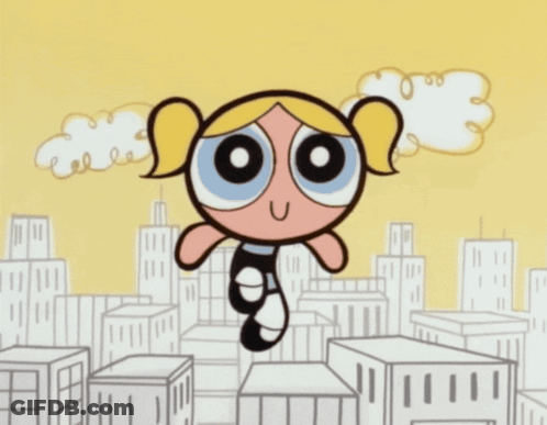Bubbles From The Powerpuff Girls Is Smiling And Flying Over A City GIF