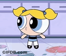 Bubbles From The Powerpuff Girls Is Standing In A Messy Room . GIF