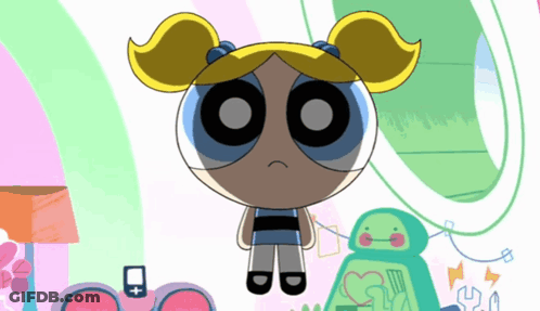 Bubbles From The Powerpuff Girls Is Standing Next To A Green Robot GIF