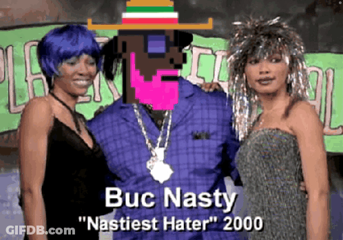 Buc Nasty Has A Hat On His Head And Is Standing With Two Women GIF