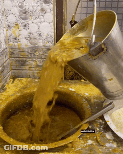 Bucket Pouring Yellow Liquid Into Bowl Labeled Anitkat Lutra GIF