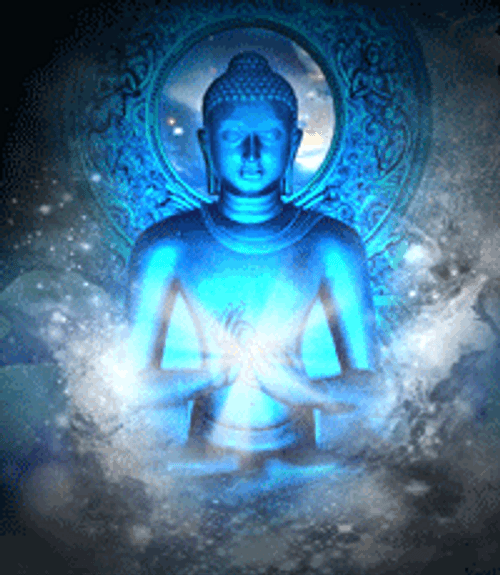 Buddha Emitting Spinning Light From Hands GIF