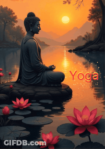 Buddha Sitting On Rock Overlooking Water With Yoga GIF