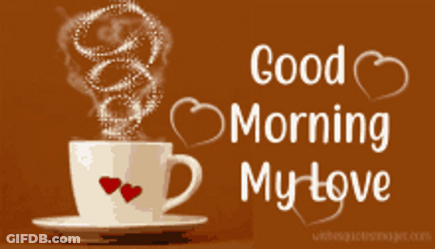 Buenos Dias Amor Steaming Coffee Two Hearts Animation GIF