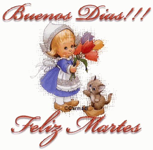 Buenos Dias Feliz Martes Sparkly Flower Girl Cartoon GIF