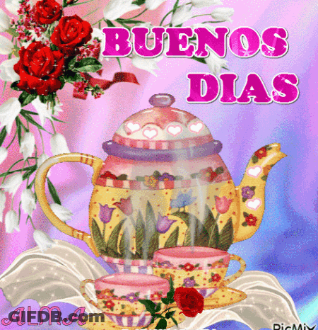 Buenos Dias Greeting Card With Teapot And Two Cups GIF