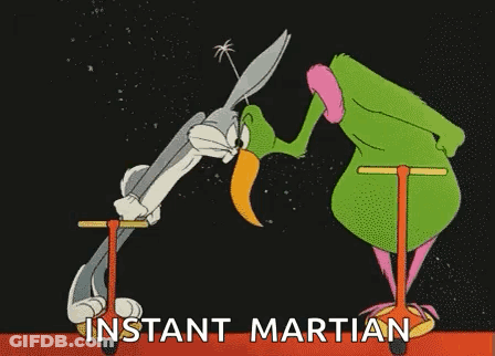 Bugs Bunny And A Green Bird Are Standing Next To Each Other On A Pogo Stick In A Cartoon . GIF