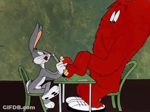 Bugs Bunny And A Red Monster Are Playing A Game Of Cards GIF