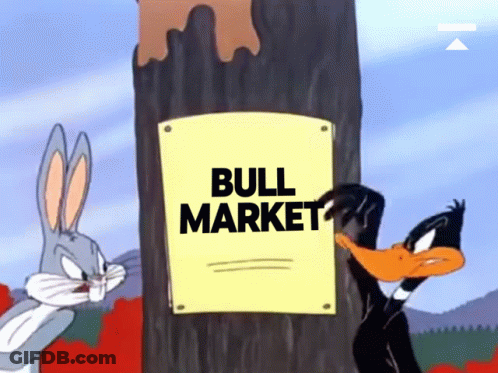 Bugs Bunny And Daffy Duck Are Looking At A Bull Market Sign GIF