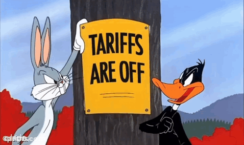 Bugs Bunny And Daffy Duck Hold Up A Sign That Says Tariffs Are Off GIF