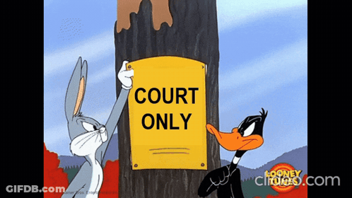 Bugs Bunny And Daffy Duck Holding Court Sign GIF