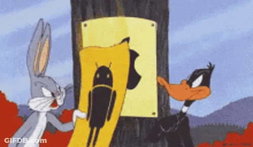 Bugs Bunny And Daffy Duck Standing Next To Android Sign GIF