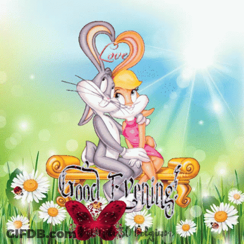 Bugs Bunny And Lola Bunny Are Sitting On A Couch With The Words Good Evening Below Them GIF