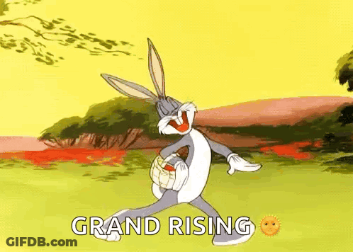 Bugs Bunny From Looney Tunes Is Dancing In A Field With The Words Grand Rising Written Below Him . GIF