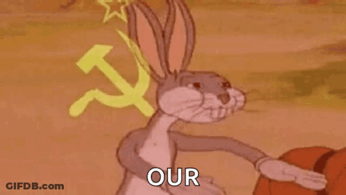 Bugs Bunny From Looney Tunes Is Holding A Hammer And Sickle In Front Of A Communist Symbol . GIF