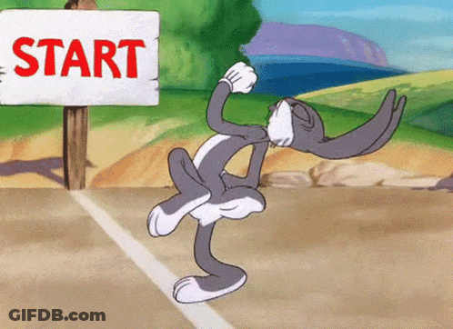 Bugs Bunny Is Dancing In Front Of A Sign That Says " Start " GIF