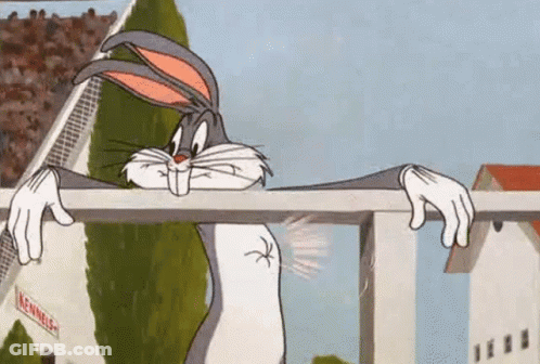 Bugs Bunny Is Leaning Over A Railing In A Cartoon While Looking Over It . GIF