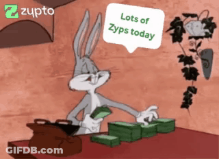 Bugs Bunny Is Sitting At A Table With Lots Of Money And A Speech Bubble That Says Lots Of Zyps Today GIF