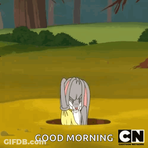 Bugs Bunny Is Standing In A Hole In The Ground And Says `` Good Morning '' . GIF