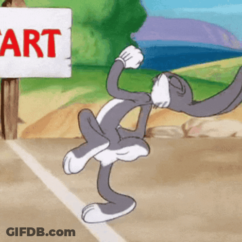 Bugs Bunny Is Standing In Front Of A Sign That Says Start GIF