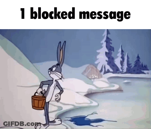 Bugs Bunny Is Standing In The Snow Holding A Wooden Bucket With The Words 1 Blocked Message Below Him GIF