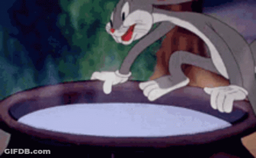 Bugs Bunny Is Standing Next To A Pot Of Milk . GIF