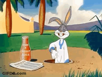 Bugs Bunny Is Sticking His Head Out Of A Hole In The Ground Next To A Bottle Of Carrot Juice . GIF