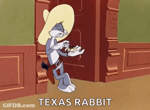 Bugs Bunny Is Wearing A Cowboy Hat And Holding A Hot Dog While Standing In Front Of A Door . GIF