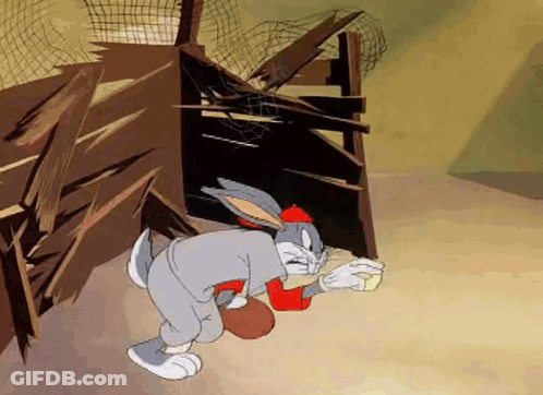 Bugs Bunny Standing In Front Of Wooden Fence Holding Bowl Of Food GIF