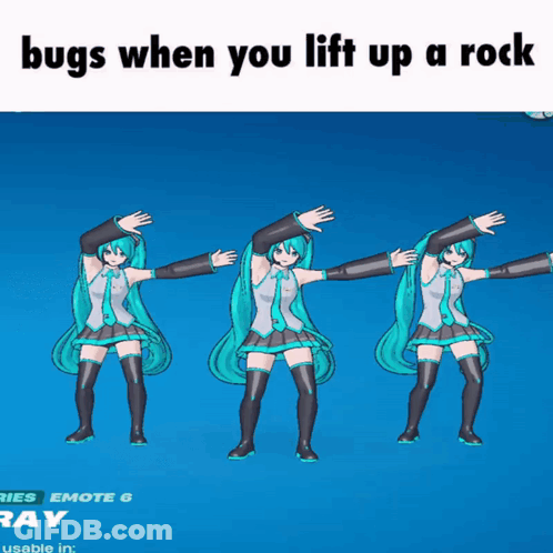 Bugs When You Lift Up A Rock Meme With Hatsune Miku On A Blue Background GIF