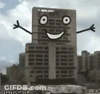 Building With Face Arms And Legs GIF
