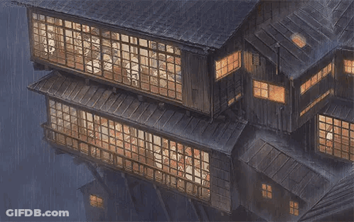 Building With Many Windows And Floating Roof In Rain GIF