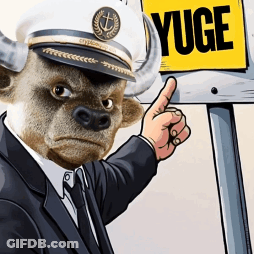 Bull In Captain Hat Pointing At Yuge Sign GIF