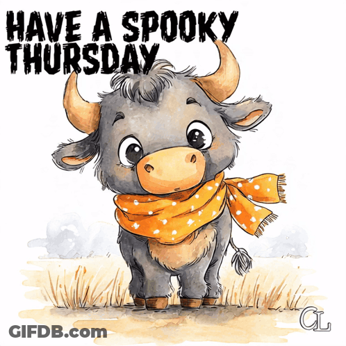 Bull In Orange Scarf Saying Have A Spooky Thursday GIF