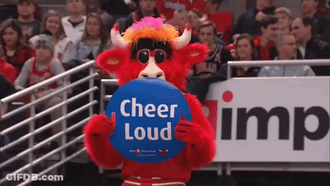 Bull Mascot Holding Sign Saying Cheer Loud GIF
