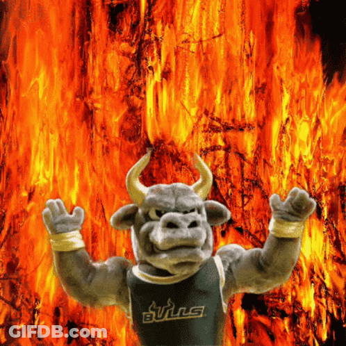 Bull Mascot In Bulls Jersey Standing In Front Of Fire GIF