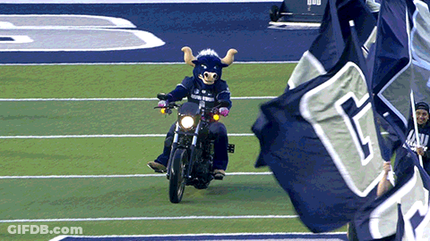 Bull Mascot Riding Motorcycle On Field GIF